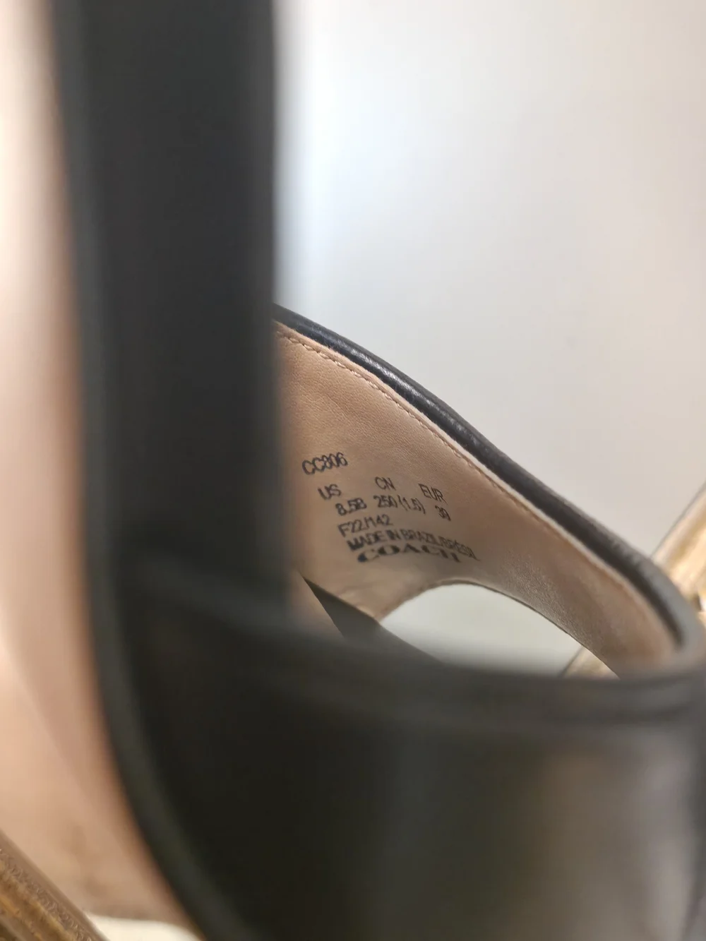 Coach Black Leather Block Heel Sandals with Gold Buckle
